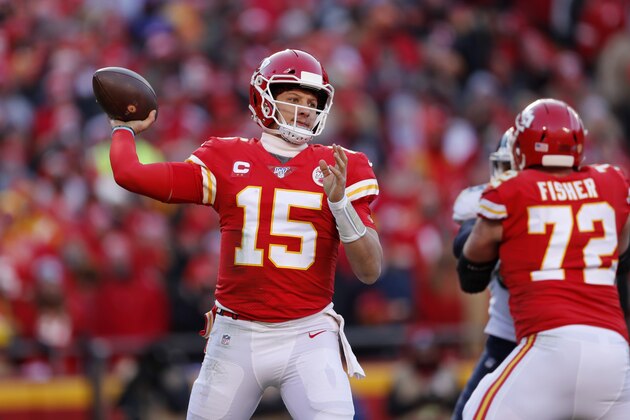 Kansas City Chiefs quarterback Patrick Mahomes (15) during the first half of the NFL AFC Championship football game against the Tennessee Titans Sunday, Jan. 19, 2020, in Kansas City, MO. (AP Photo/Jeff Roberson)