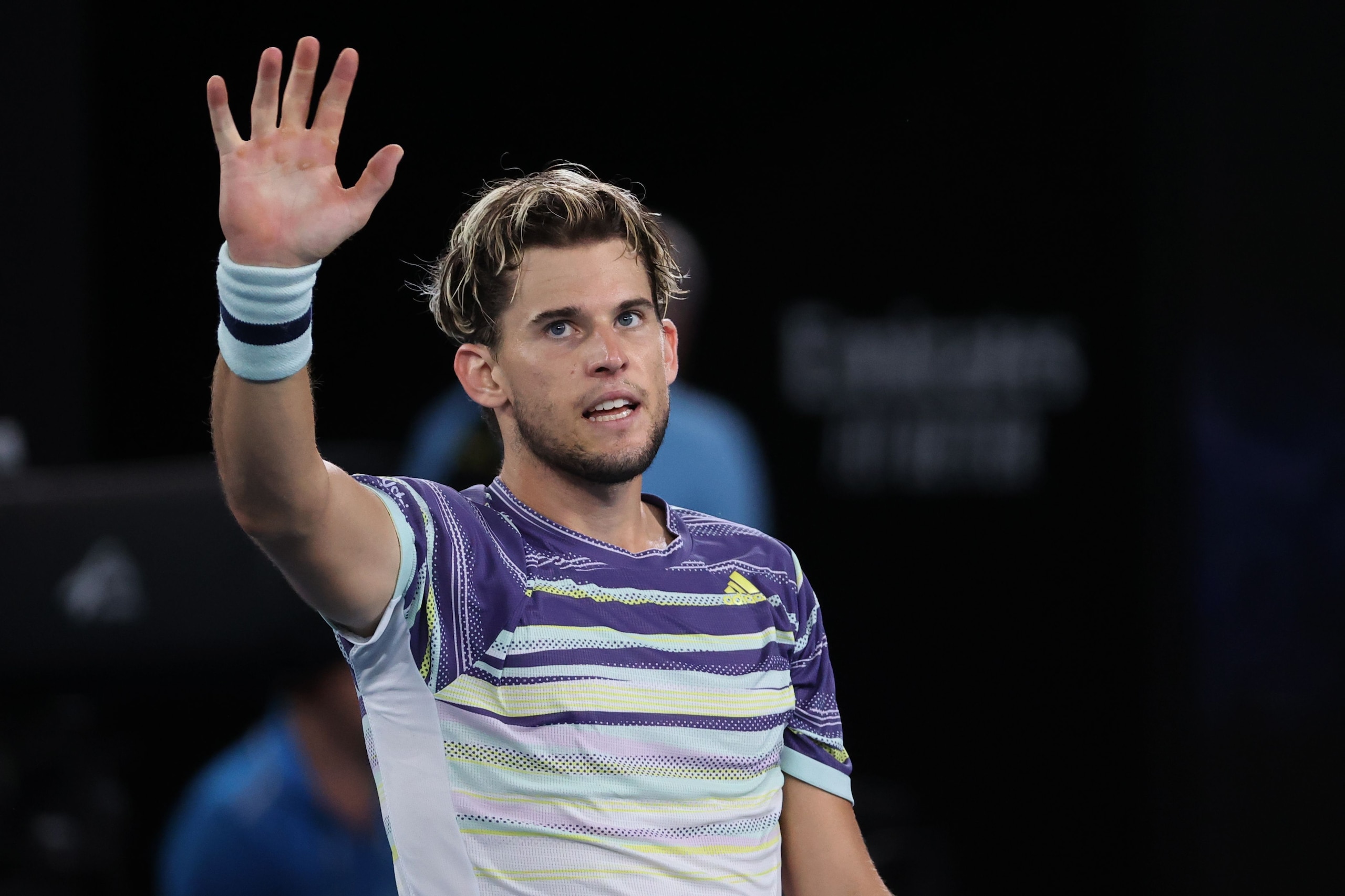 Austria's Dominic Thiem celebrates after his victory against Germany's Alexander Zverev during their men's singles semi-final match on day twelve of the Australian Open tennis tournament in Melbourne on January 31, 2020. (Photo by DAVID GRAY / AFP) / IMAGE RESTRICTED TO EDITORIAL USE - STRICTLY NO COMMERCIAL USE (Photo by DAVID GRAY/AFP via Getty Images) Austria's Dominic Thiem celebrates after his victory against Germany's Alexander Zverev during their men's singles semi-final match on day twelve of the Australian Open tennis tournament in Melbourne on January 31, 2020. (Photo by DAVID GRAY / AFP) / IMAGE RESTRICTED TO EDITORIAL USE - STRICTLY NO COMMERCIAL USE (Photo by DAVID GRAY/AFP via Getty Images)