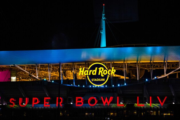 MIAMI, FLORIDA - JANUARY 25: A general view of the Super Bowl LIV logo used at Hard Rock Stadium prior to Super Bowl LIV on January 25, 2020 in Miami, United States. (Photo by Mark Brown/Getty Images)