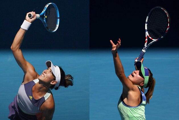 FILE PHOTO (EDITORS NOTE: COMPOSITE OF IMAGES - Image numbers 1202622258,1202865783) In this composite image a comparison has been made between Garbine Muguruza of Spain (L) and Sofia Kenin of the USA. They will play each other in the Australian Open Women's Final on February 1,2020 at Melbourne Park in Melbourne,Australia. ***LEFT IMAGE*** MELBOURNE, AUSTRALIA - JANUARY 29: Garbine Muguruza of Spain serves during her Women's Singles Quarterfinal match against Anastasia Pavlyuchenkova of Russia on day ten of the 2020 Australian Open at Melbourne Park on January 29, 2020 in Melbourne, Australia. (Photo by Hannah Peters/Getty Images) ***RIGHT IMAGE***  MELBOURNE, AUSTRALIA - JANUARY 30: Sofia Kenin of the United States serves during her Women's Singles Semifinal match against Ashleigh Barty of Australia on day eleven of the 2020 Australian Open at Melbourne Park on January 30, 2020 in Melbourne, Australia. (Photo by Clive Brunskill/Getty Images)