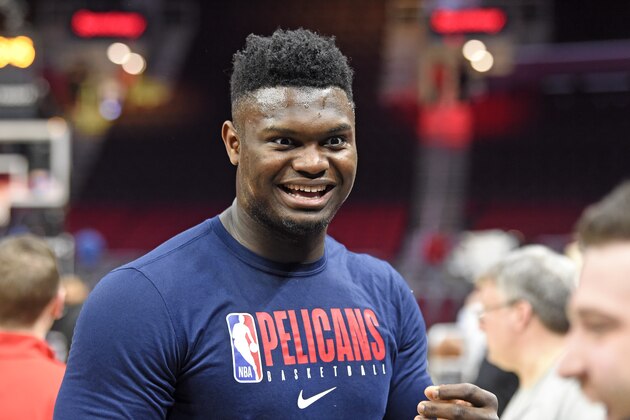 CLEVELAND, OHIO - JANUARY 28: Zion Williamson #1 of the New Orleans Pelicans talks with friends prior to the game against the Cleveland Cavaliers at Rocket Mortgage Fieldhouse on January 28, 2020 in Cleveland, Ohio. NOTE TO USER: User expressly acknowledges and agrees that, by downloading and/or using this photograph, user is consenting to the terms and conditions of the Getty Images License Agreement. (Photo by Jason Miller/Getty Images) CLEVELAND, OHIO - JANUARY 28: Zion Williamson #1 of the New Orleans Pelicans talks with friends prior to the game against the Cleveland Cavaliers at Rocket Mortgage Fieldhouse on January 28, 2020 in Cleveland, Ohio. NOTE TO USER: User expressly acknowledges and agrees that, by downloading and/or using this photograph, user is consenting to the terms and conditions of the Getty Images License Agreement. (Photo by Jason Miller/Getty Images)