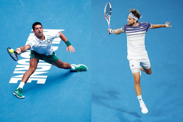 FILE PHOTO (EDITORS NOTE: COMPOSITE OF IMAGES - Image numbers 1201983191,1203150052) In this composite image a comparison has been made between Novak Djokovic of Serbia (L) and Dominic Thiem of Austria. They will play each other in the Australian Open Men's Final on February 2,2020 at Melbourne Park in Melbourne,Australia. ***LEFT IMAGE*** MELBOURNE, AUSTRALIA - JANUARY 26: Novak Djokovic of Serbia plays a forehand during his Men's Singles fourth round match against Diego Schwartzman of Argentina on day seven of the 2020 Australian Open at Melbourne Park on January 26, 2020 in Melbourne, Australia. (Photo by Daniel Pockett/Getty Images) ***RIGHT IMAGE***  MELBOURNE, AUSTRALIA - JANUARY 31: Dominic Thiem of Austria plays a backhand during his Men's Singles Semifinal match against Alexander Zverev of Germany on day twelve of the 2020 Australian Open at Melbourne Park on January 31, 2020 in Melbourne, Australia. (Photo by Hannah Peters/Getty Images)