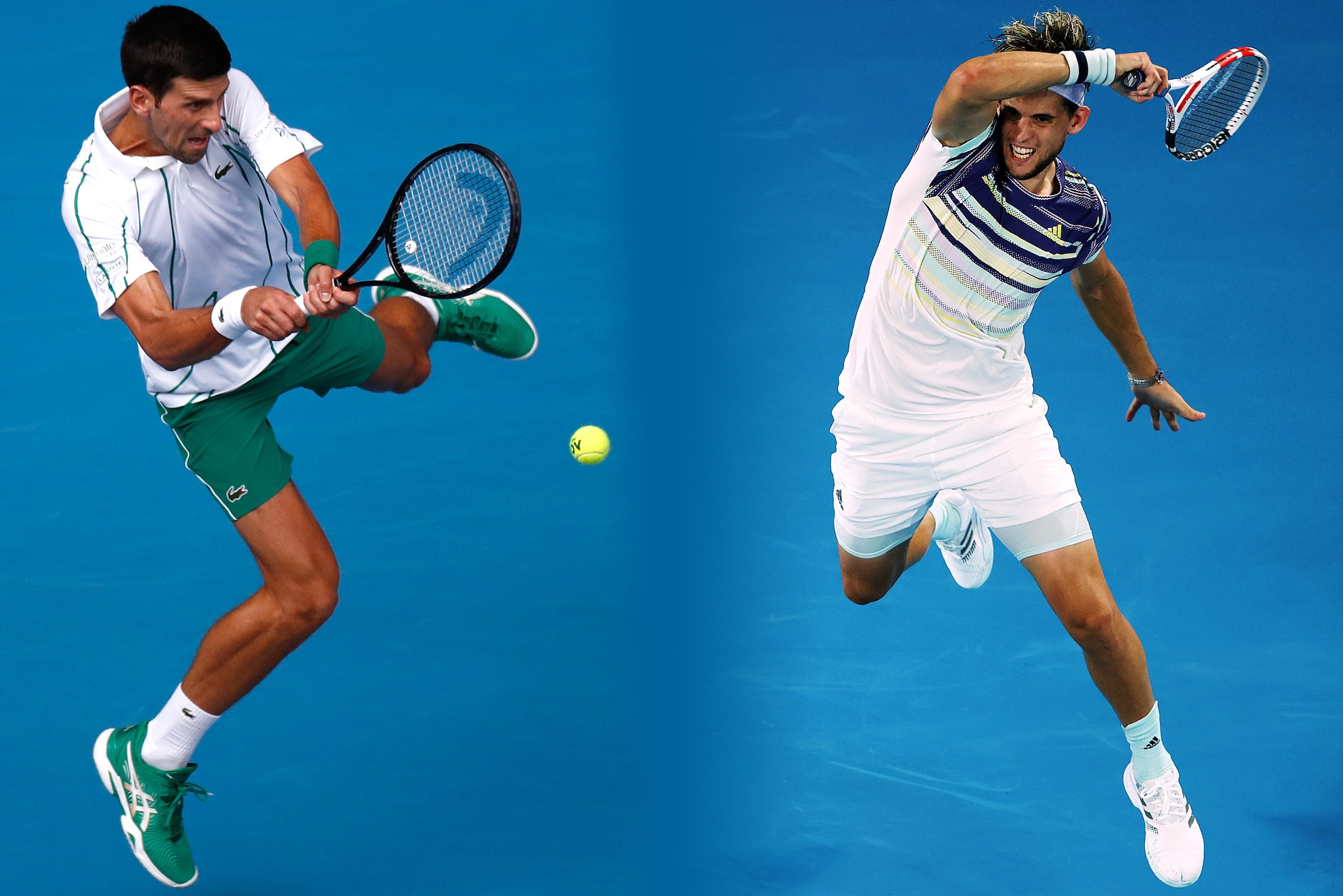 FILE PHOTO (EDITORS NOTE: COMPOSITE OF IMAGES - Image numbers 1201088390,1202717318 - GRADIENT ADDED) In this composite image a comparison has been made between Novak Djokovic of Serbia and Dominic Thiem of Austria. They will play each other in the Australian Open Men's Final on February 2,2020 at Melbourne Park in Melbourne,Australia. ***LEFT IMAGE*** MELBOURNE, AUSTRALIA - JANUARY 22: Novak Djokovic of Serbia plays a backhand during his Men's Singles second round match against Tatsuma Ito of Japan on day three of the 2020 Australian Open at Melbourne Park on January 22, 2020 in Melbourne, Australia. (Photo by Darrian Traynor/Getty Images) ***RIGHT IMAGE***  MELBOURNE, AUSTRALIA - JANUARY 29: Dominic Thiem of Austria plays a forehand during his Men’s Singles Quarterfinal match against Rafael Nadal of Spain on day ten of the 2020 Australian Open at Melbourne Park on January 29, 2020 in Melbourne, Australia. (Photo by Clive Brunskill/Getty Images)