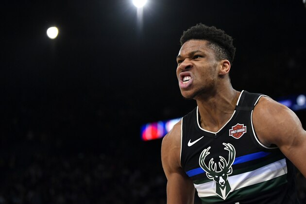 PARIS, FRANCE - JANUARY 24: Giannis Antetokounmpo of the Milwaukee Bucks reacts after a dunk during the NBA Paris Game match between Charlotte Hornets and Milwaukee Bucks on January 24, 2020 in Paris, France. (Photo by Aurelien Meunier/Getty Images)