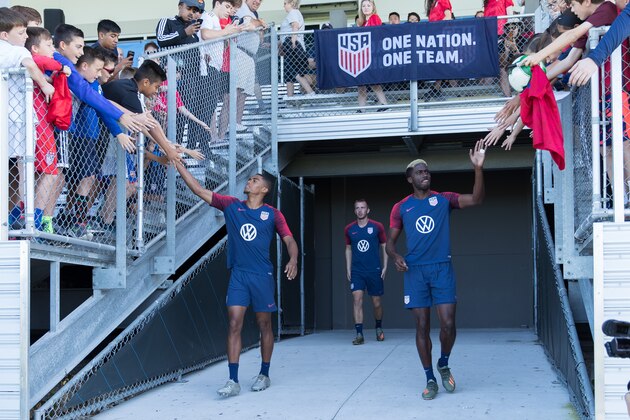BRADENTON, FL - JANUARY 17: Reggie Cannon, Gyasi Zardes  walk onto the field at IMG Academy on January 17, 2020 in Bradenton, Florida. (Photo by John Dorton/ISI Photos/Getty Images)