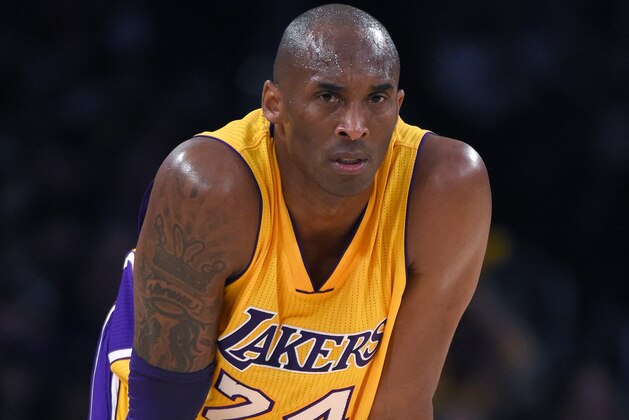 Los Angeles Lakers forward Kobe Bryant stands on the court during the first half of an NBA basketball game against the Los Angeles Clippers, Wednesday, April 6, 2016, in Los Angeles. (AP Photo/Mark J. Terrill)