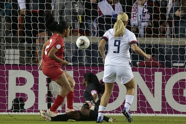 HOUSTON, TEXAS - JANUARY 31: Lindsey Horan #9 of United States scores as she beats Yenith Bailey #1 of Panama during the first half of a Group A - 2020 CONCACAF Women's Olympic Qualifying at BBVA Compass Stadium on January 31, 2020 in Houston, Texas. (Photo by Bob Levey/Getty Images) HOUSTON, TEXAS - JANUARY 31: Lindsey Horan #9 of United States scores as she beats Yenith Bailey #1 of Panama during the first half of a Group A - 2020 CONCACAF Women's Olympic Qualifying at BBVA Compass Stadium on January 31, 2020 in Houston, Texas. (Photo by Bob Levey/Getty Images)