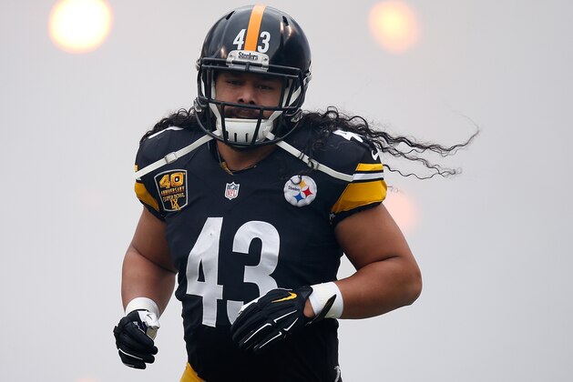 PITTSBURGH, PA - NOVEMBER 30:  Troy Polamalu #43 of the Pittsburgh Steelers is introduced prior to the game against the New Orleans Saints at Heinz Field on November 30, 2014 in Pittsburgh, Pennsylvania.  (Photo by Gregory Shamus/Getty Images)