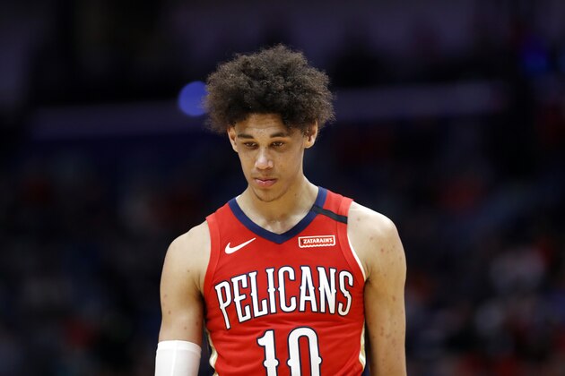 New Orleans Pelicans center Jaxson Hayes (10) in the second half of an NBA basketball game in New Orleans, Monday, Jan. 6, 2020. The Jazz won 128-126. (AP Photo/Tyler Kaufman)