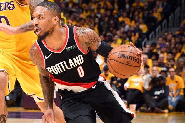 LOS ANGELES, CA - JANUARY 31: Damian Lillard #0 of the Portland Trail Blazers drives to the basket during the game against the Los Angeles Lakers on January 31, 2020 at STAPLES Center in Los Angeles, California. NOTE TO USER: User expressly acknowledges and agrees that, by downloading and/or using this Photograph, user is consenting to the terms and conditions of the Getty Images License Agreement. Mandatory Copyright Notice: Copyright 2020 NBAE (Photo by Andrew D. Bernstein/NBAE via Getty Images) LOS ANGELES, CA - JANUARY 31: Damian Lillard #0 of the Portland Trail Blazers drives to the basket during the game against the Los Angeles Lakers on January 31, 2020 at STAPLES Center in Los Angeles, California. NOTE TO USER: User expressly acknowledges and agrees that, by downloading and/or using this Photograph, user is consenting to the terms and conditions of the Getty Images License Agreement. Mandatory Copyright Notice: Copyright 2020 NBAE (Photo by Andrew D. Bernstein/NBAE via Getty Images)
