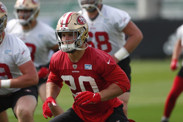 San Francisco 49ers Nick Bosa, foreground, warms up during practice for the NFL Super Bowl 54 football game, Friday, Jan. 31, 2020, in Coral Gables, Fla. (AP Photo/Wilfredo Lee)