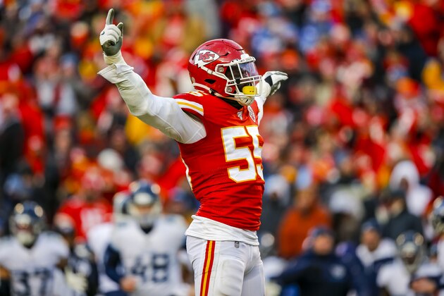 KANSAS CITY, MO - JANUARY 19: Frank Clark #55 of the Kansas City Chiefs gestures during the fourth quarter of the AFC Championship game against the Tennessee Titans at Arrowhead Stadium on January 19, 2020 in Kansas City, Missouri. (Photo by David Eulitt/Getty Images)