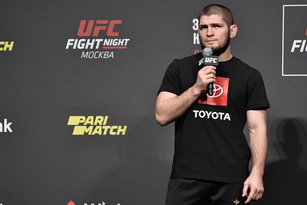 MOSCOW, RUSSIA - NOVEMBER 08:   Khabib Nurmagomedov interacts with fans during a Q&A session prior to the UFC Fight Night weigh-ins at CSKA Arena on November 08, 2019 in Moscow, Russia. (Photo by Jeff Bottari/Zuffa LLC via Getty Images)