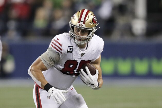 San Francisco 49ers tight end George Kittle against the Seattle Seahawks in the first half of an NFL football game, Sunday, Dec. 29, 2019, in Seattle. (AP Photo/Stephen Brashear)