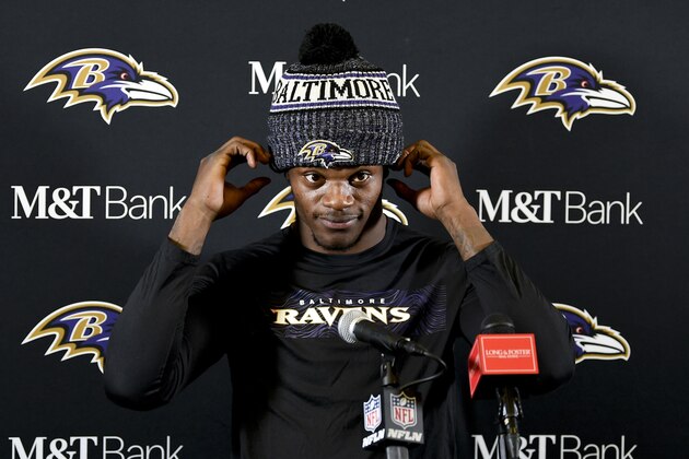 Baltimore Ravens quarterback Lamar Jackson listens during a news conference after during the second half in an NFL football game Saturday, Dec. 22, 2018, in Carson, Calif. (AP Photo/Kelvin Kuo)