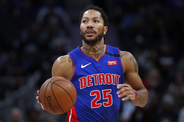 Detroit Pistons guard Derrick Rose plays against the Brooklyn Nets in the second half of an NBA basketball game in Detroit, Saturday, Jan. 25, 2020. (AP Photo/Paul Sancya)