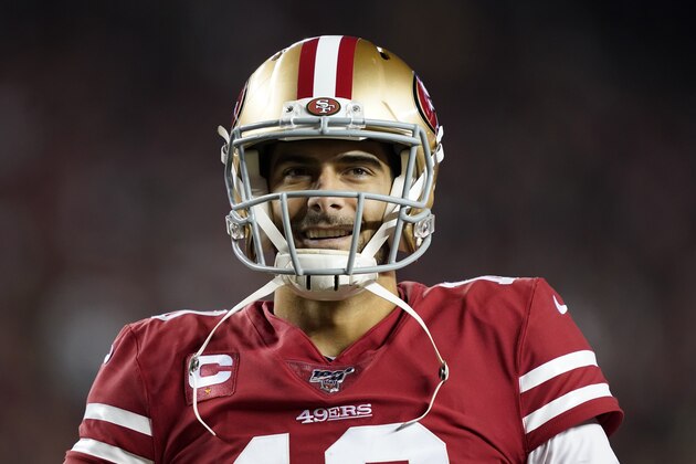 San Francisco 49ers quarterback Jimmy Garoppolo (10) smiles during the second half of the NFL NFC Championship football game against the Green Bay Packers Sunday, Jan. 19, 2020, in Santa Clara, Calif. The 49ers won 37-20 to advance to Super Bowl 54 against the Kansas City Chiefs. (AP Photo/Tony Avelar)