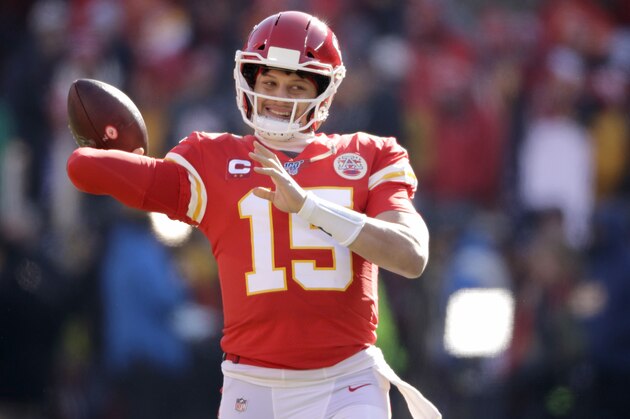 Kansas City Chiefs quarterback Patrick Mahomes warms up before the NFL AFC Championship football game against the Tennessee Titans Sunday, Jan. 19, 2020, in Kansas City, MO. (AP Photo/Charlie Riedel)