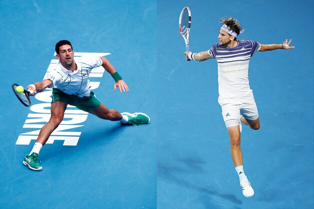 FILE PHOTO (EDITORS NOTE: COMPOSITE OF IMAGES - Image numbers 1201983191,1203150052) In this composite image a comparison has been made between Novak Djokovic of Serbia (L) and Dominic Thiem of Austria. They will play each other in the Australian Open Men's Final on February 2,2020 at Melbourne Park in Melbourne,Australia. ***LEFT IMAGE*** MELBOURNE, AUSTRALIA - JANUARY 26: Novak Djokovic of Serbia plays a forehand during his Men's Singles fourth round match against Diego Schwartzman of Argentina on day seven of the 2020 Australian Open at Melbourne Park on January 26, 2020 in Melbourne, Australia. (Photo by Daniel Pockett/Getty Images) ***RIGHT IMAGE***  MELBOURNE, AUSTRALIA - JANUARY 31: Dominic Thiem of Austria plays a backhand during his Men's Singles Semifinal match against Alexander Zverev of Germany on day twelve of the 2020 Australian Open at Melbourne Park on January 31, 2020 in Melbourne, Australia. (Photo by Hannah Peters/Getty Images)