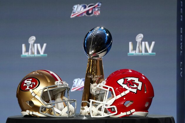 The Vince Lombardi Trophy is displayed before a news conference for the NFL Super Bowl 54 football game Wednesday, Jan. 29, 2020, in Miami. (AP Photo/David J. Phillip) The Vince Lombardi Trophy is displayed before a news conference for the NFL Super Bowl 54 football game Wednesday, Jan. 29, 2020, in Miami. (AP Photo/David J. Phillip)