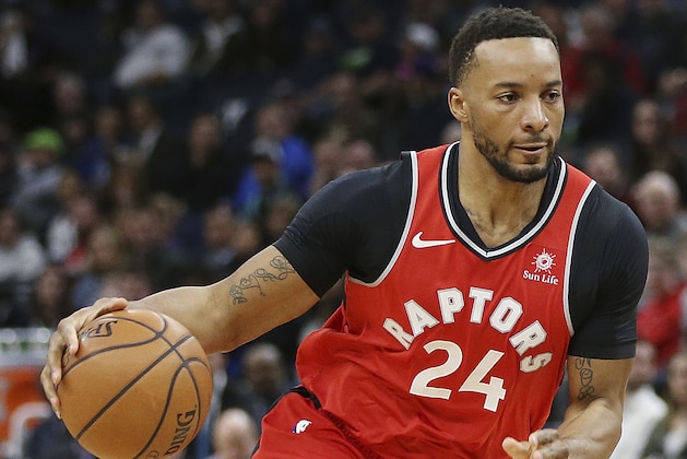 Toronto Raptors' Norman Powell in the second half of an NBA basketball game against the Minnesota Timberwolves, Tuesday April 9, 2019, in Minneapolis. Toronto won 120-100. (AP Photo/Stacy Bengs)