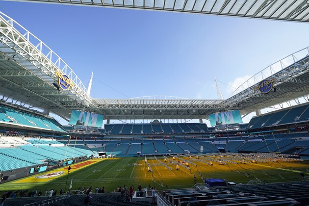 Grow lights cover a portion of the grass field inside Hard Rock Stadium Tuesday, Jan. 28, 2020, in Miami Gardens, Fla., in preparation for the NFL Super Bowl 54 football game. (AP Photo/David J. Phillip)