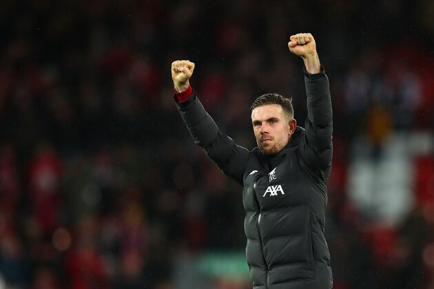 LIVERPOOL, ENGLAND - FEBRUARY 01: Jordan Henderson of Liverpool celebrates winning the Premier League match between Liverpool FC and Southampton FC at Anfield on February 1, 2020 in Liverpool, United Kingdom. (Photo by Robbie Jay Barratt - AMA/Getty Images)