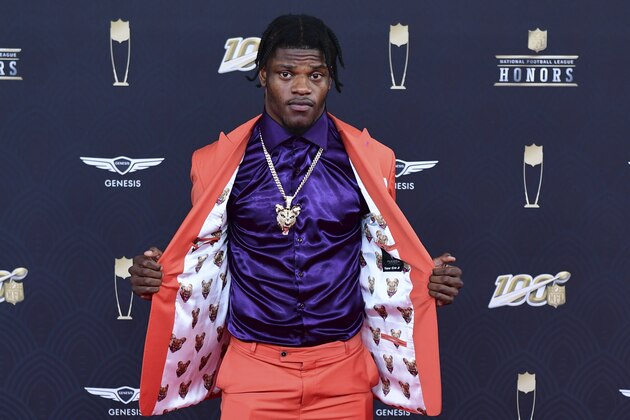 IMAGE DISTRIBUTED FOR NFL - Lamar Jackson arrives at the 9th Annual NFL Honors at the Adrienne Arsht Center in Miami on Saturday, Feb. 1, 2020. (Joy Asico/AP Images for NFL)