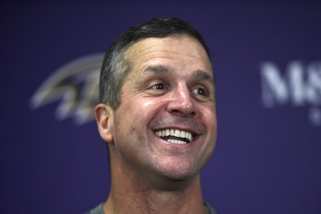 Baltimore Ravens head coach John Harbaugh speaks to reporters after an NFL football game against the Pittsburgh Steelers, Sunday, Dec. 29, 2019, in Baltimore. The Ravens won 28-10. (AP Photo/Gail Burton)