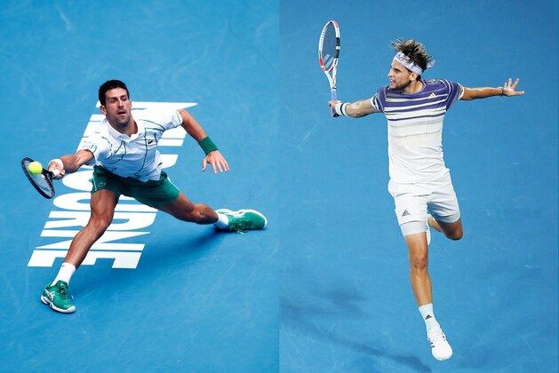 FILE PHOTO (EDITORS NOTE: COMPOSITE OF IMAGES - Image numbers 1201983191,1203150052) In this composite image a comparison has been made between Novak Djokovic of Serbia (L) and Dominic Thiem of Austria. They will play each other in the Australian Open Men's Final on February 2,2020 at Melbourne Park in Melbourne,Australia. ***LEFT IMAGE*** MELBOURNE, AUSTRALIA - JANUARY 26: Novak Djokovic of Serbia plays a forehand during his Men's Singles fourth round match against Diego Schwartzman of Argentina on day seven of the 2020 Australian Open at Melbourne Park on January 26, 2020 in Melbourne, Australia. (Photo by Daniel Pockett/Getty Images) ***RIGHT IMAGE***  MELBOURNE, AUSTRALIA - JANUARY 31: Dominic Thiem of Austria plays a backhand during his Men's Singles Semifinal match against Alexander Zverev of Germany on day twelve of the 2020 Australian Open at Melbourne Park on January 31, 2020 in Melbourne, Australia. (Photo by Hannah Peters/Getty Images)