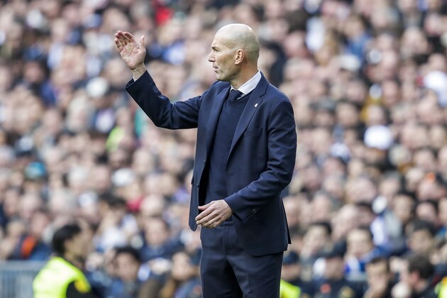 MADRID, SPAIN - FEBRUARY 1: coach Zinedine Zidane of Real Madrid during the La Liga Santander  match between Real Madrid v Atletico Madrid at the Santiago Bernabeu on February 1, 2020 in Madrid Spain (Photo by David S. Bustamante/Soccrates/Getty Images)