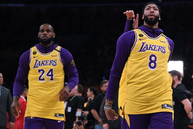 LOS ANGELES, CALIFORNIA - JANUARY 31: Anthony Davis and LeBron James wear number 8 and number 24, to honor Kobe Bryant before the game against the Portland Trail Blazers at Staples Center on January 31, 2020 in Los Angeles, California. (Photo by Harry How/Getty Images) LOS ANGELES, CALIFORNIA - JANUARY 31: Anthony Davis and LeBron James wear number 8 and number 24, to honor Kobe Bryant before the game against the Portland Trail Blazers at Staples Center on January 31, 2020 in Los Angeles, California. (Photo by Harry How/Getty Images)