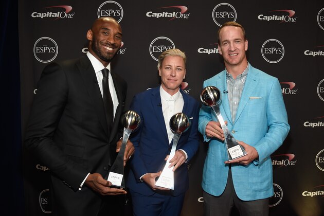 LOS ANGELES, CA - JULY 13:  (L-R) Honorees Kobe Bryant, Abby Wambach and Peyton Manning pose with the Icon Award backstage during the 2016 ESPYS at Microsoft Theater on July 13, 2016 in Los Angeles, California.  (Photo by Kevin Mazur/Getty Images)