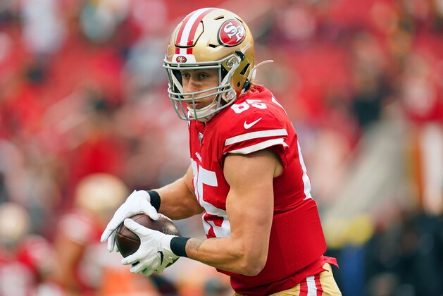 SANTA CLARA, CALIFORNIA - JANUARY 19: George Kittle #85 of the San Francisco 49ers warms up prior to their game against the Green Bay Packers in the NFC Championship game at Levi's Stadium on January 19, 2020 in Santa Clara, California. (Photo by Thearon W. Henderson/Getty Images)