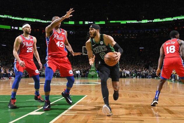 BOSTON, MA - FEBRUARY 1: Jayson Tatum #0 of the Boston Celtics drives to the basket against the Philadelphia 76ers on February 1, 2020 at the TD Garden in Boston, Massachusetts.  NOTE TO USER: User expressly acknowledges and agrees that, by downloading and or using this photograph, User is consenting to the terms and conditions of the Getty Images License Agreement. Mandatory Copyright Notice: Copyright 2020 NBAE  (Photo by Brian Babineau/NBAE via Getty Images)