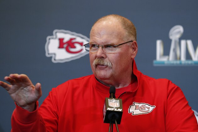 Kansas City Chiefs head coach Andy Reid speaks during a news conference on Thursday, Jan. 30, 2020, in Aventura, Fla., for the NFL Super Bowl 54 football game. (AP Photo/Brynn Anderson)