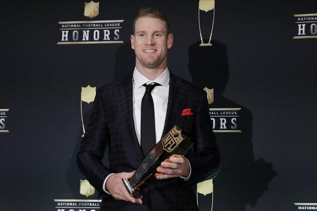 AP Comeback Player of the Year, Tennessee Titans' Ryan Tannehill poses at the NFL Honors football award show Saturday, Feb. 1, 2020, in Miami. (AP Photo/Patrick Semansky)