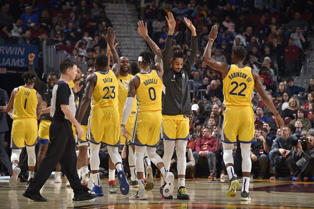CLEVELAND, OH - FEBRUARY 1: The Golden State Warriors react during a game against the Cleveland Cavaliers on February 1, 2020 at Rocket Mortgage FieldHouse in Cleveland, Ohio. NOTE TO USER: User expressly acknowledges and agrees that, by downloading and/or using this Photograph, user is consenting to the terms and conditions of the Getty Images License Agreement. Mandatory Copyright Notice: Copyright 2020 NBAE (Photo by David Liam Kyle/NBAE via Getty Images)