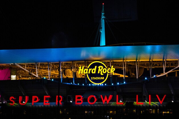 MIAMI, FLORIDA - JANUARY 25: A general view of the Super Bowl LIV logo used at Hard Rock Stadium prior to Super Bowl LIV on January 25, 2020 in Miami, United States. (Photo by Mark Brown/Getty Images)