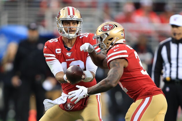 SANTA CLARA, CALIFORNIA - JANUARY 19: Jimmy Garoppolo #10 of the San Francisco 49ers looks to hand the ball off against the Green Bay Packers during the NFC Championship game at Levi's Stadium on January 19, 2020 in Santa Clara, California. (Photo by Sean M. Haffey/Getty Images)