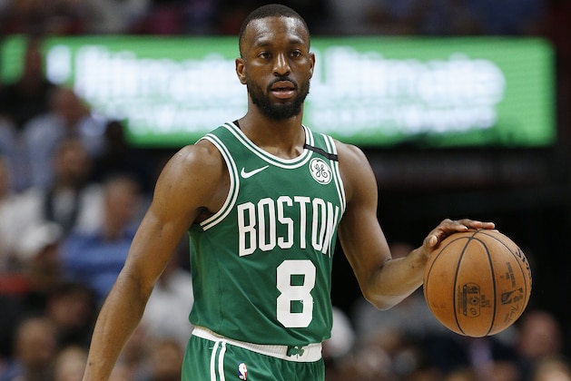 MIAMI, FLORIDA - JANUARY 28:  Kemba Walker #8 of the Boston Celtics dribbles with the ball against the Miami Heat during the second half at American Airlines Arena on January 28, 2020 in Miami, Florida. NOTE TO USER: User expressly acknowledges and agrees that, by downloading and/or using this photograph, user is consenting to the terms and conditions of the Getty Images License Agreement.  (Photo by Michael Reaves/Getty Images)