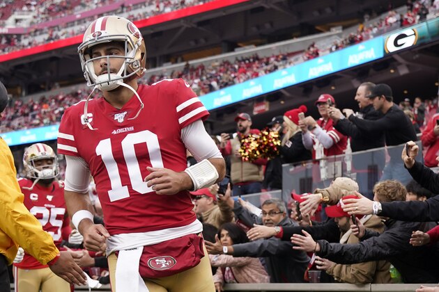 San Francisco 49ers quarterback Jimmy Garoppolo (10) runs onto the field before the NFL NFC Championship football game against the San Francisco 49ers Sunday, Jan. 19, 2020, in Santa Clara, Calif. (AP Photo/Tony Avelar) San Francisco 49ers quarterback Jimmy Garoppolo (10) runs onto the field before the NFL NFC Championship football game against the San Francisco 49ers Sunday, Jan. 19, 2020, in Santa Clara, Calif. (AP Photo/Tony Avelar)