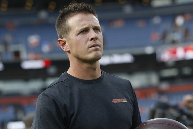 DENVER, CO - AUGUST 19: Pass Game Coordinator Mike LaFleur of the San Francisco 49ers stands on the field prior to prior to the game against the Denver Broncos at Mile High Stadium on August 19, 2019 in Denver, Colorado. The 49eres defeated the Broncos 24-15. (Photo by Michael Zagaris/San Francisco 49ers/Getty Images)