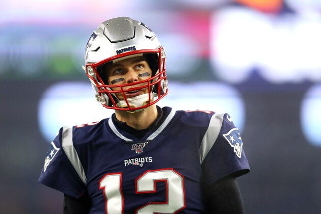 FOXBOROUGH, MASSACHUSETTS - JANUARY 04: Tom Brady #12 of the New England Patriots looks on during the the AFC Wild Card Playoff game against the Tennessee Titans  at Gillette Stadium on January 04, 2020 in Foxborough, Massachusetts. (Photo by Maddie Meyer/Getty Images)