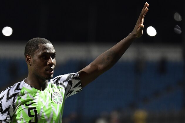 Nigeria's forward Odion Ighalo greets the fans during the 2019 Africa Cup of Nations (CAN) Round of 16 football match between Nigeria and Cameroon at the Alexandria Stadium in the Egyptian city on July 6, 2019. (Photo by JAVIER SORIANO / AFP)        (Photo credit should read JAVIER SORIANO/AFP via Getty Images)