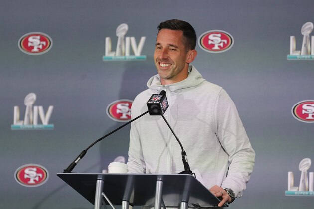 MIAMI, FLORIDA - JANUARY 30:  Head coach Kyle Shanahan of the San Francisco 49ers speaks to the media during the San Francisco 49ers media availability prior to Super Bowl LIV at the James L. Knight Center on January 30, 2020 in Miami, Florida. (Photo by Michael Reaves/Getty Images)