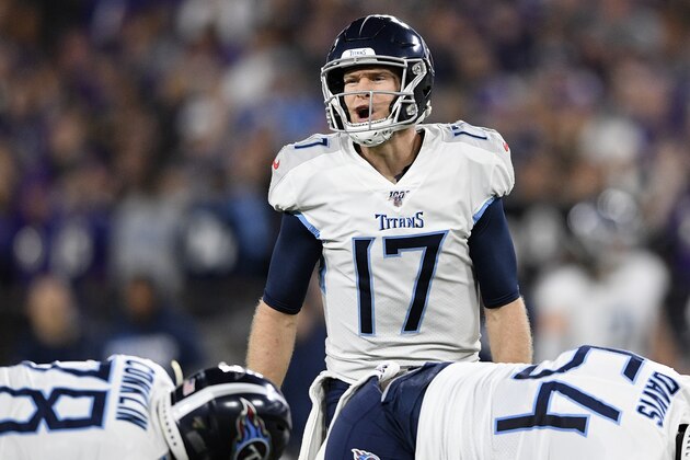 Tennessee Titans quarterback Ryan Tannehill (17) during the first half an NFL divisional playoff football game against the Baltimore Ravens, Saturday, Jan. 11, 2020, in Baltimore. (AP Photo/Nick Wass)