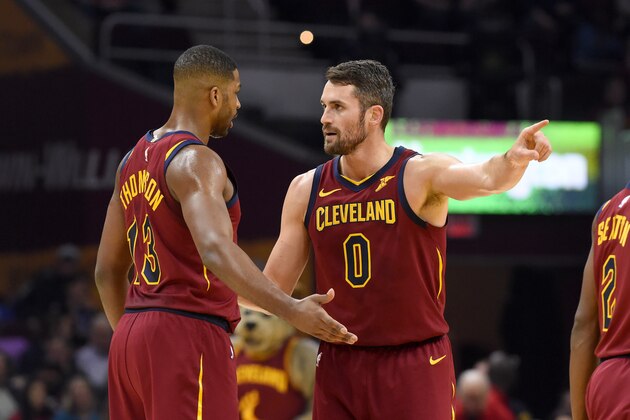 CLEVELAND, OHIO - NOVEMBER 17: Tristan Thompson #13 talks with Kevin Love #0 of the Cleveland Cavaliers during the first half against the Philadelphia 76ers at Rocket Mortgage Fieldhouse on November 17, 2019 in Cleveland, Ohio. NOTE TO USER: User expressly acknowledges and agrees that, by downloading and/or using this photograph, user is consenting to the terms and conditions of the Getty Images License Agreement. (Photo by Jason Miller/Getty Images)