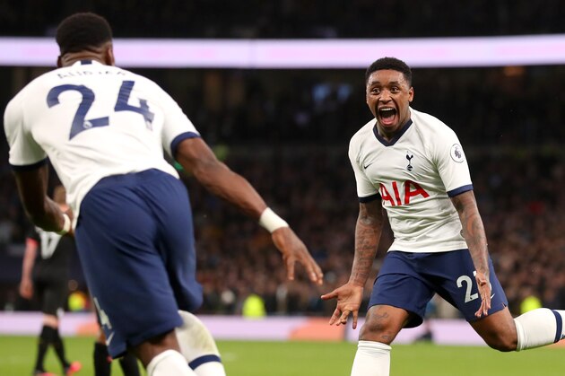 LONDON, ENGLAND - FEBRUARY 02: Steven Bergwijn of Tottenham Hotspur celebrates after scoring his team's first goal during the Premier League match between Tottenham Hotspur and Manchester City at Tottenham Hotspur Stadium on February 02, 2020 in London, United Kingdom. (Photo by Catherine Ivill/Getty Images)