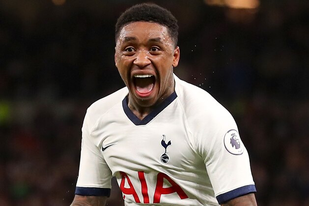 LONDON, ENGLAND - FEBRUARY 02: Steven Bergwijn of Tottenham Hotspur Celebrates after scoring his sides first goal during the Premier League match between Tottenham Hotspur and Manchester City at Tottenham Hotspur Stadium on February 02, 2020 in London, United Kingdom. (Photo by Catherine Ivill/Getty Images)